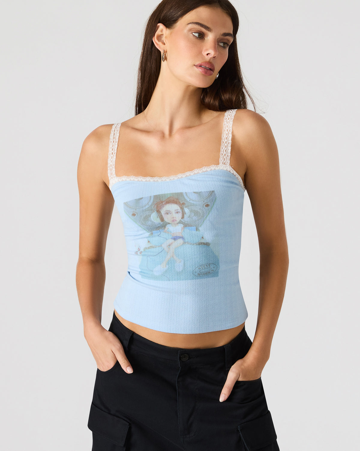 LOVE GOLDIE Surf Blue Lace Trim Sleeveless Graphic Women's Tank Top - Steve Madden