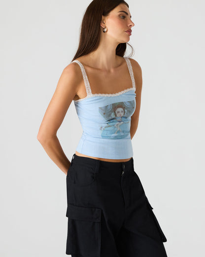 LOVE GOLDIE Surf Blue Lace Trim Sleeveless Graphic Women's Tank Top - Steve Madden