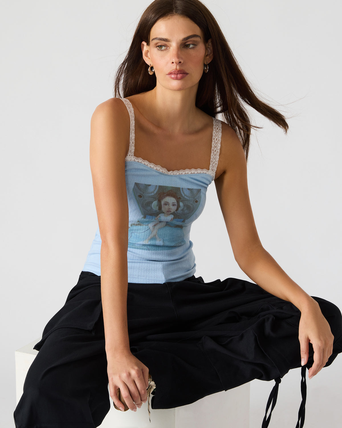 LOVE GOLDIE Surf Blue Lace Trim Sleeveless Graphic Women's Tank Top - Steve Madden