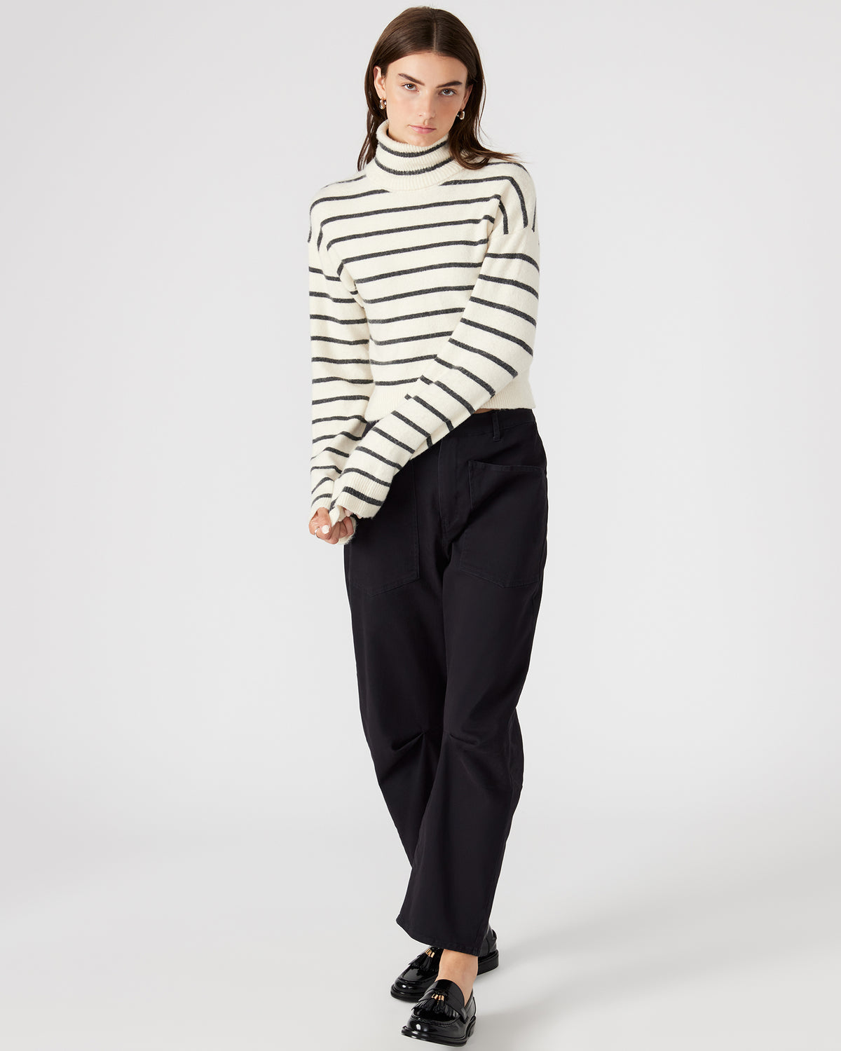 NARSHA Black/White Women's Turtleneck Stripe Sweater - Steve Madden