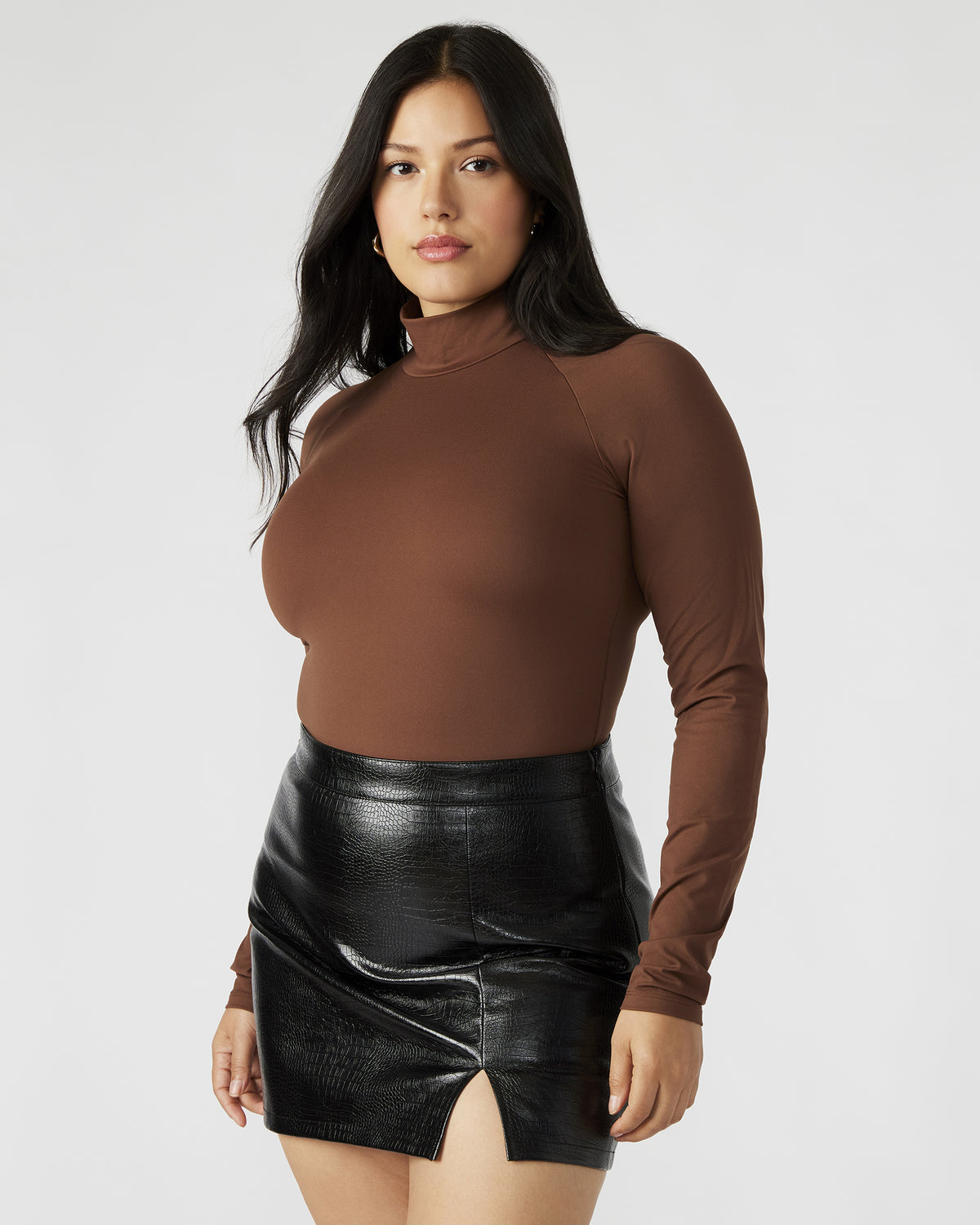 NELLE Bodysuit Brown | Women's Mock Neck Stretch Bodysuit - Steve Madden