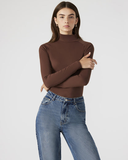 NELLE Bodysuit Brown | Women's Mock Neck Stretch Bodysuit - Steve Madden