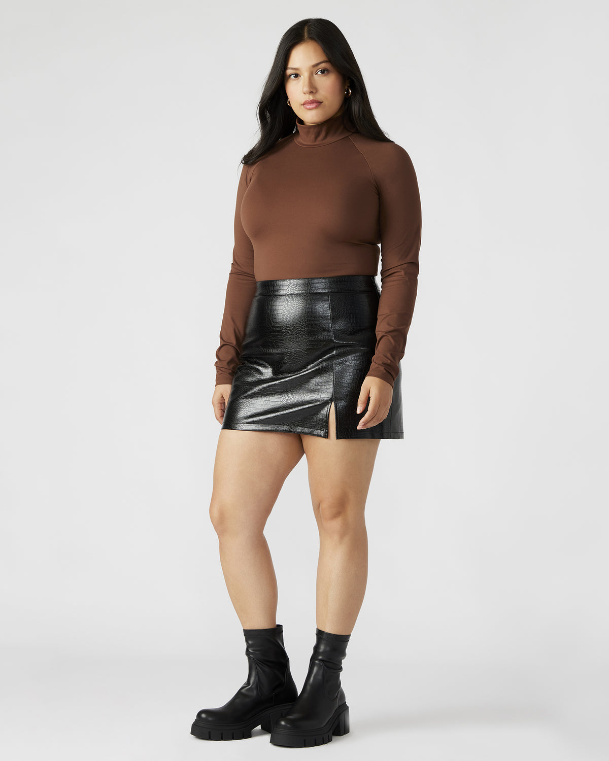 NELLE Bodysuit Brown | Women's Mock Neck Stretch Bodysuit - Steve Madden