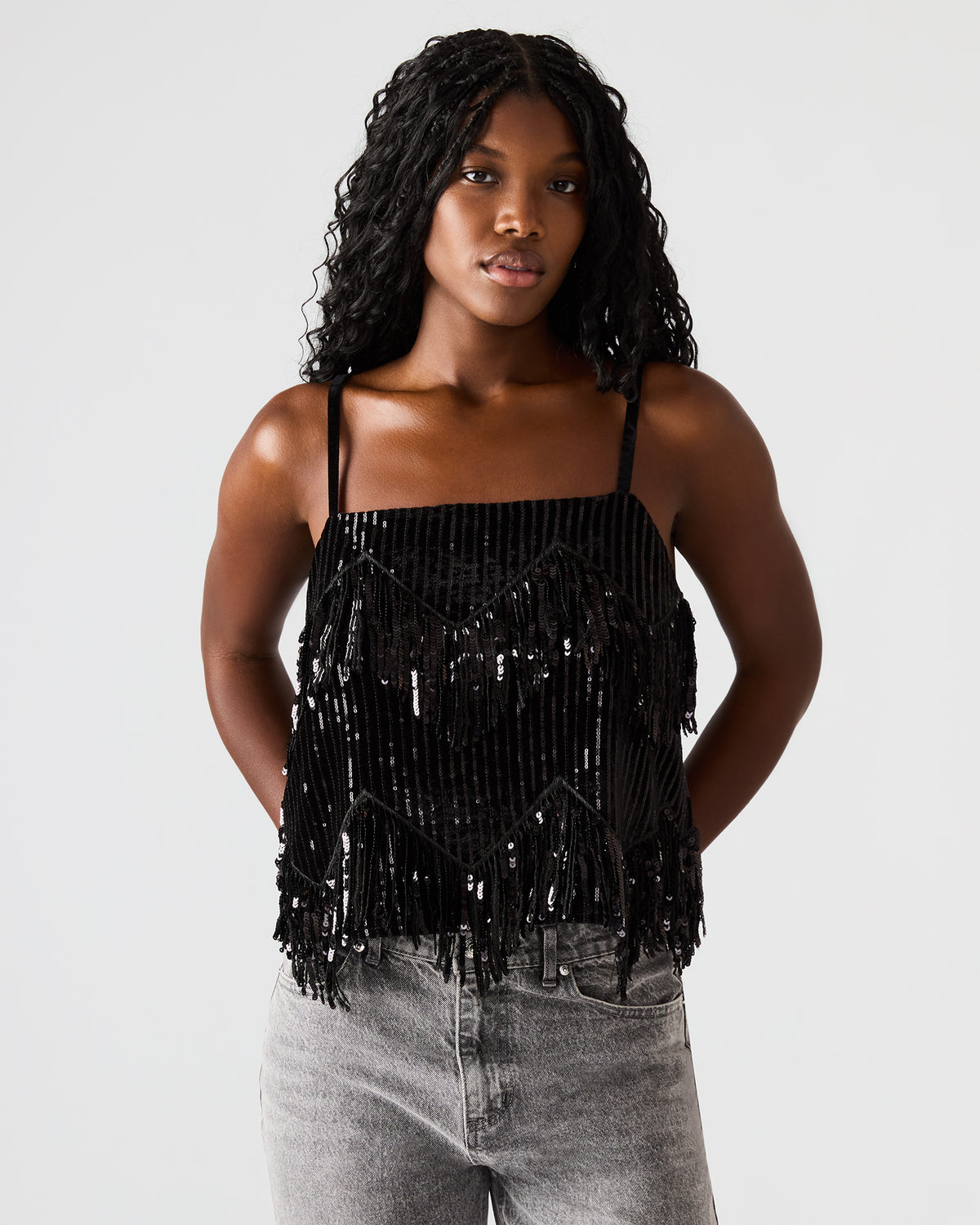 BLAKELYN Sequin Black Fringe Embellished Women's Top - Steve Madden