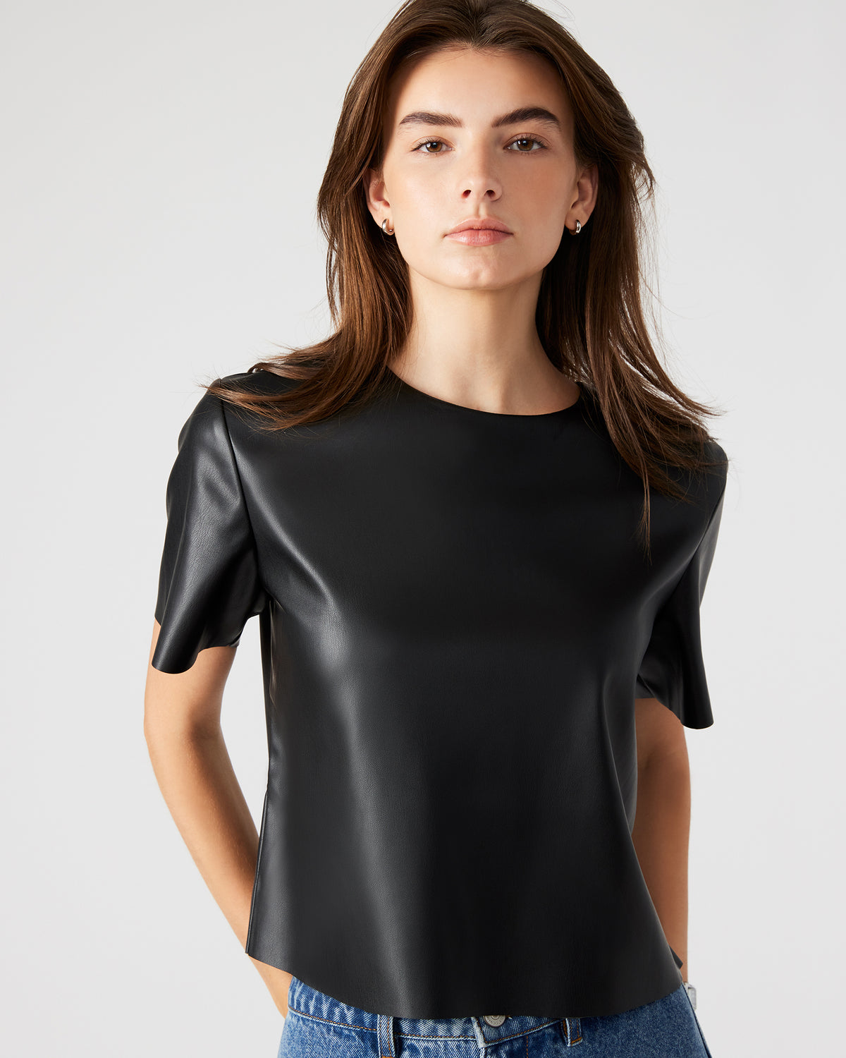 EZRA Black Women's Short Sleeve Faux Leather Top - Steve Madden