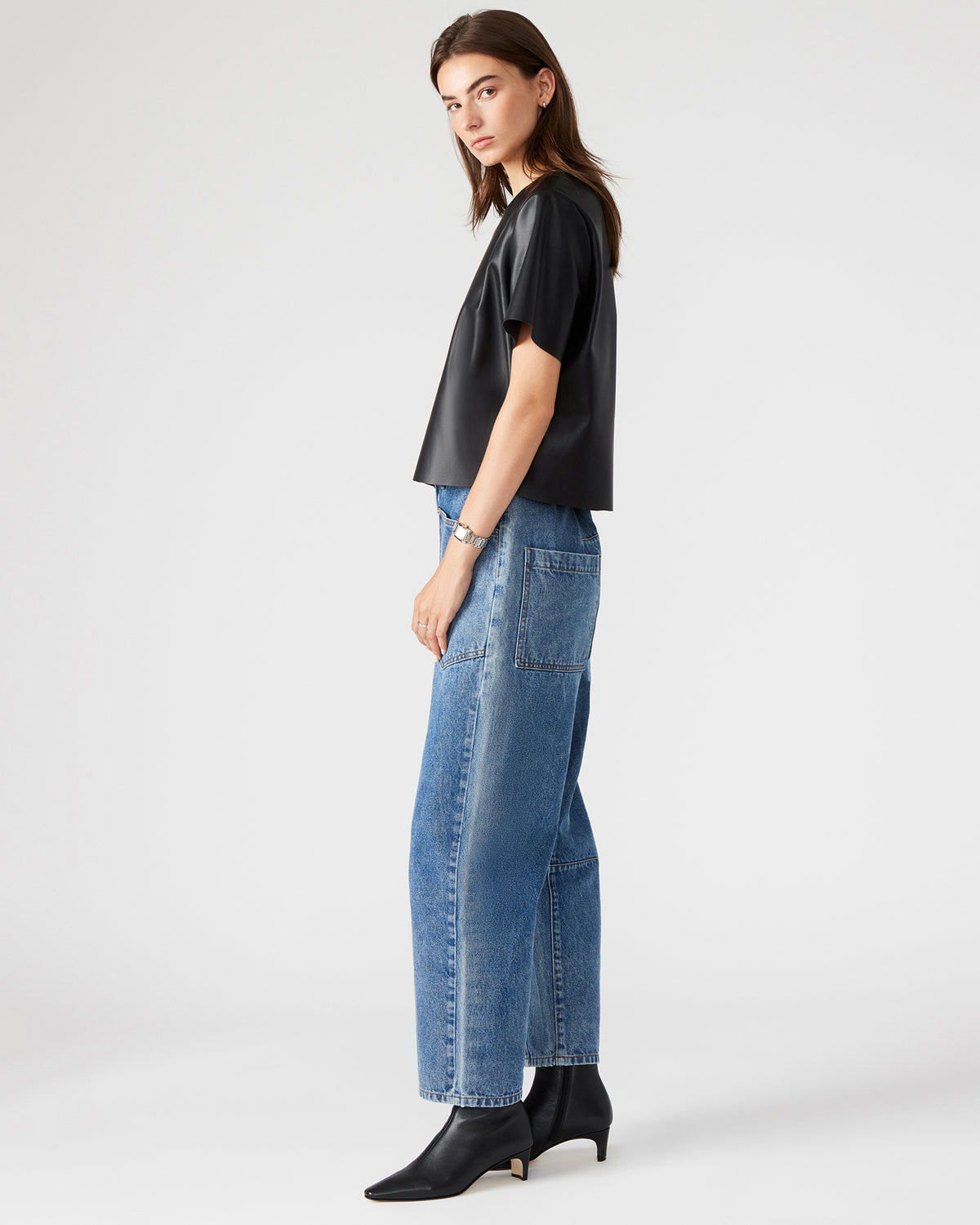 EZRA Black Women's Short Sleeve Faux Leather Top - Steve Madden