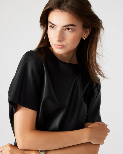 EZRA Black Women's Short Sleeve Faux Leather Top - Steve Madden