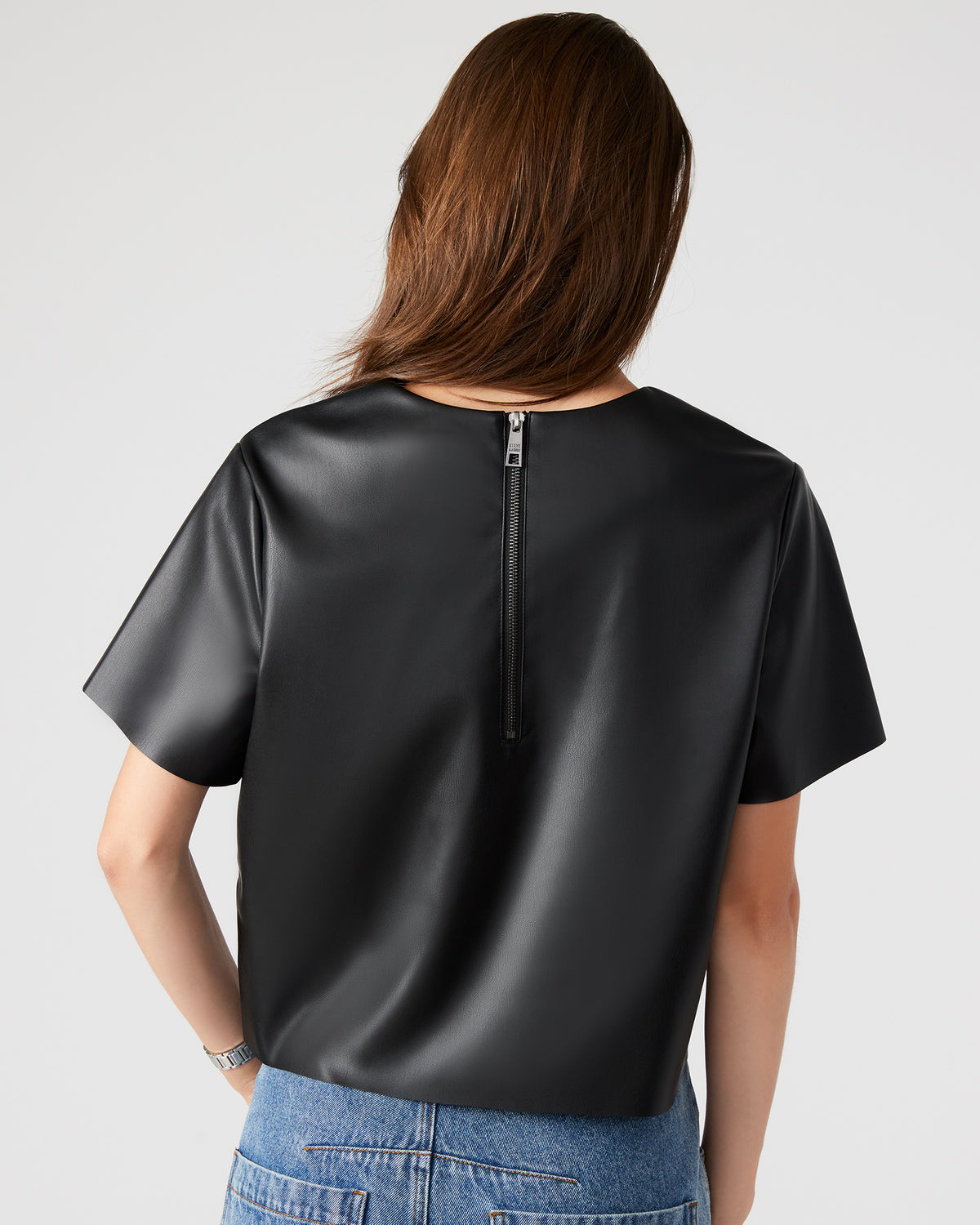 EZRA Black Women's Short Sleeve Faux Leather Top - Steve Madden