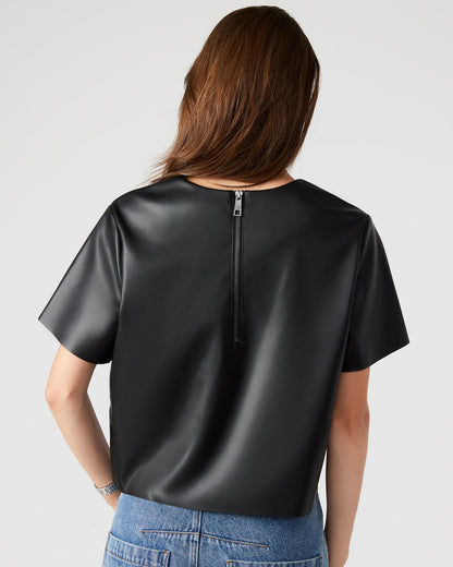 EZRA Black Women's Short Sleeve Faux Leather Top - Steve Madden