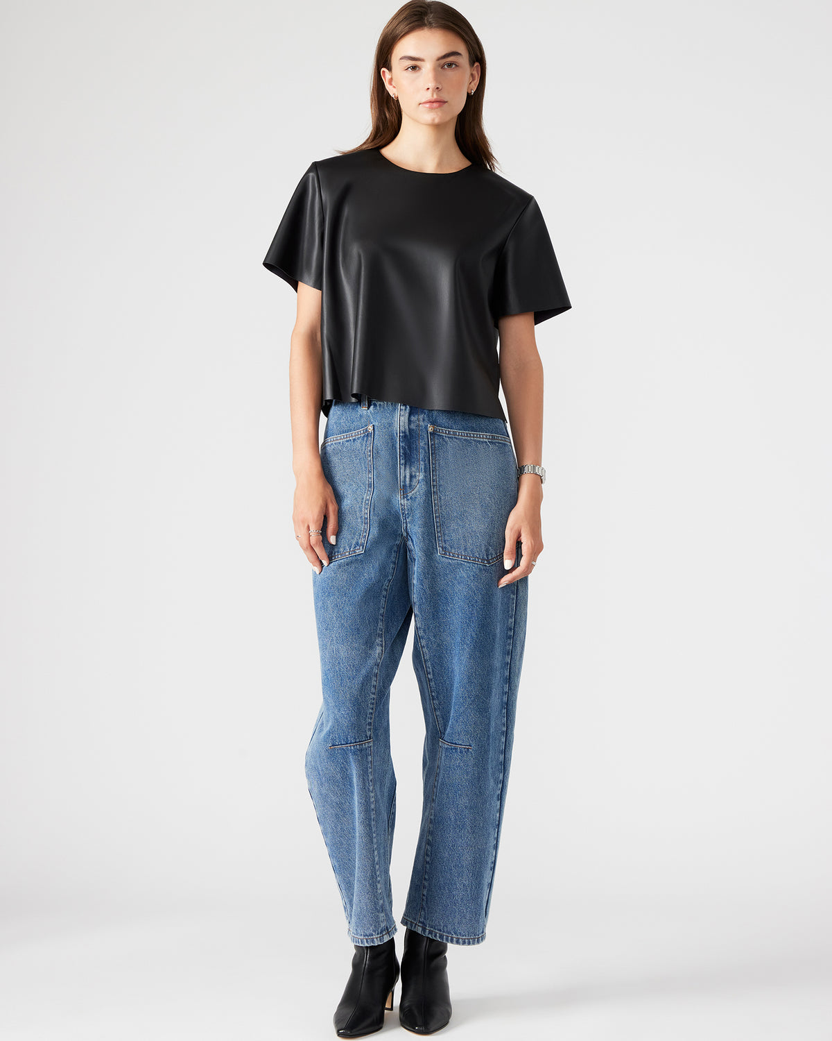 EZRA Black Women's Short Sleeve Faux Leather Top - Steve Madden