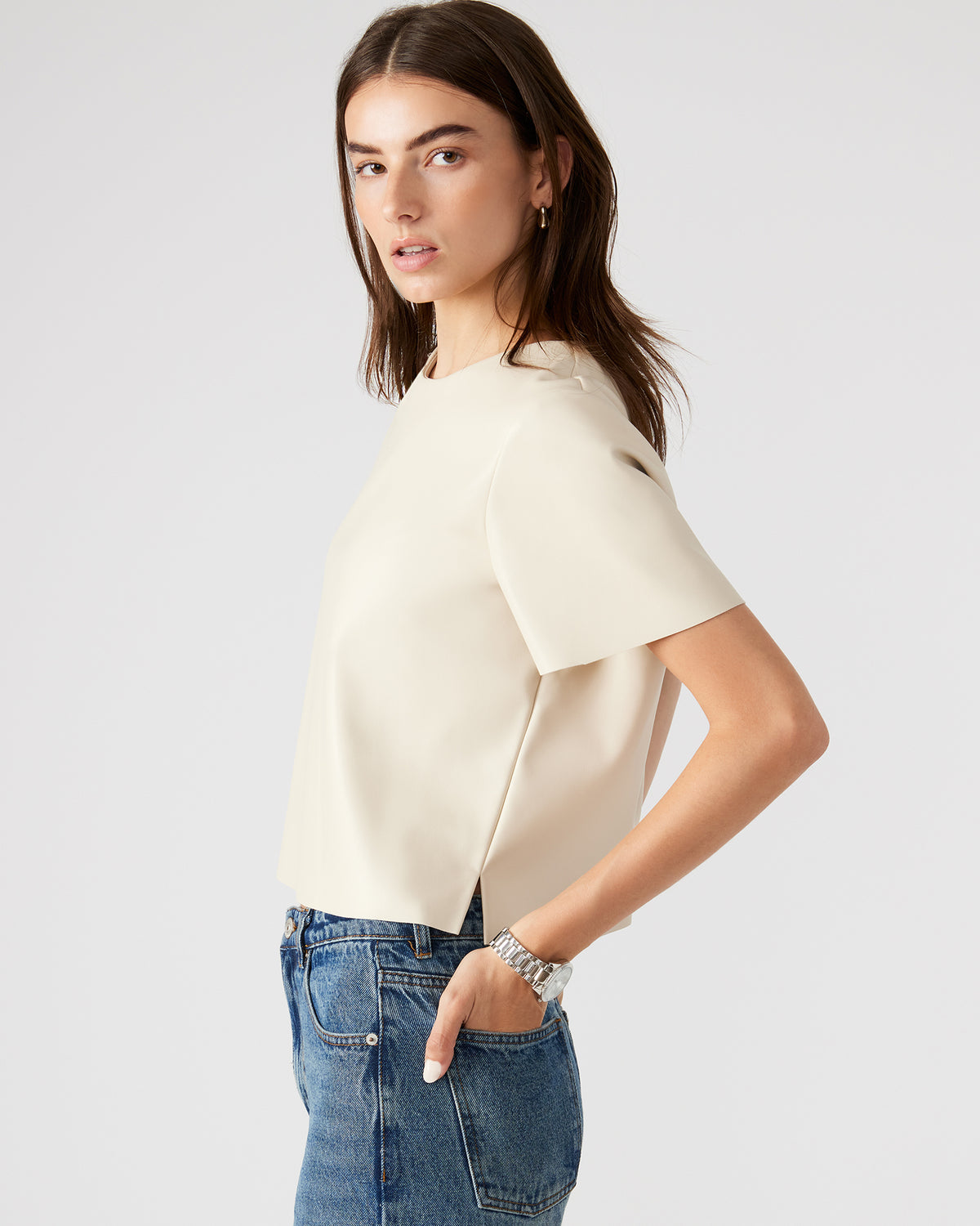 EZRA Bone Women's Short Sleeve Faux Leather Top - Steve Madden