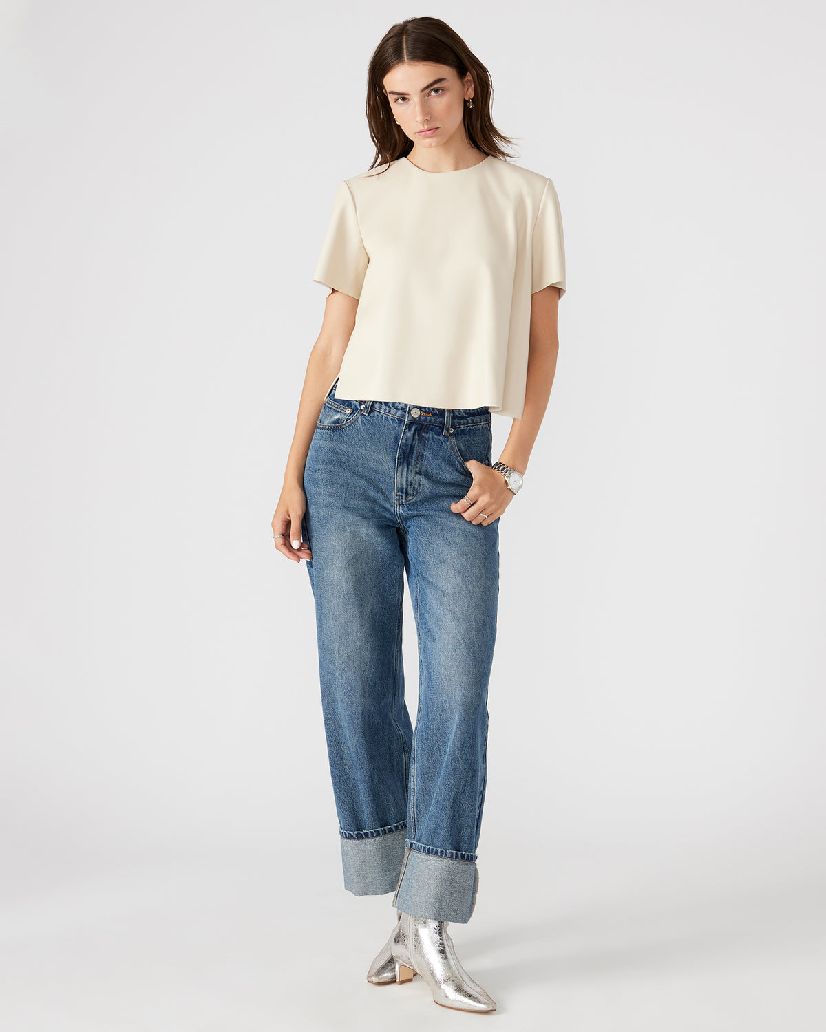 EZRA Bone Women's Short Sleeve Faux Leather Top - Steve Madden