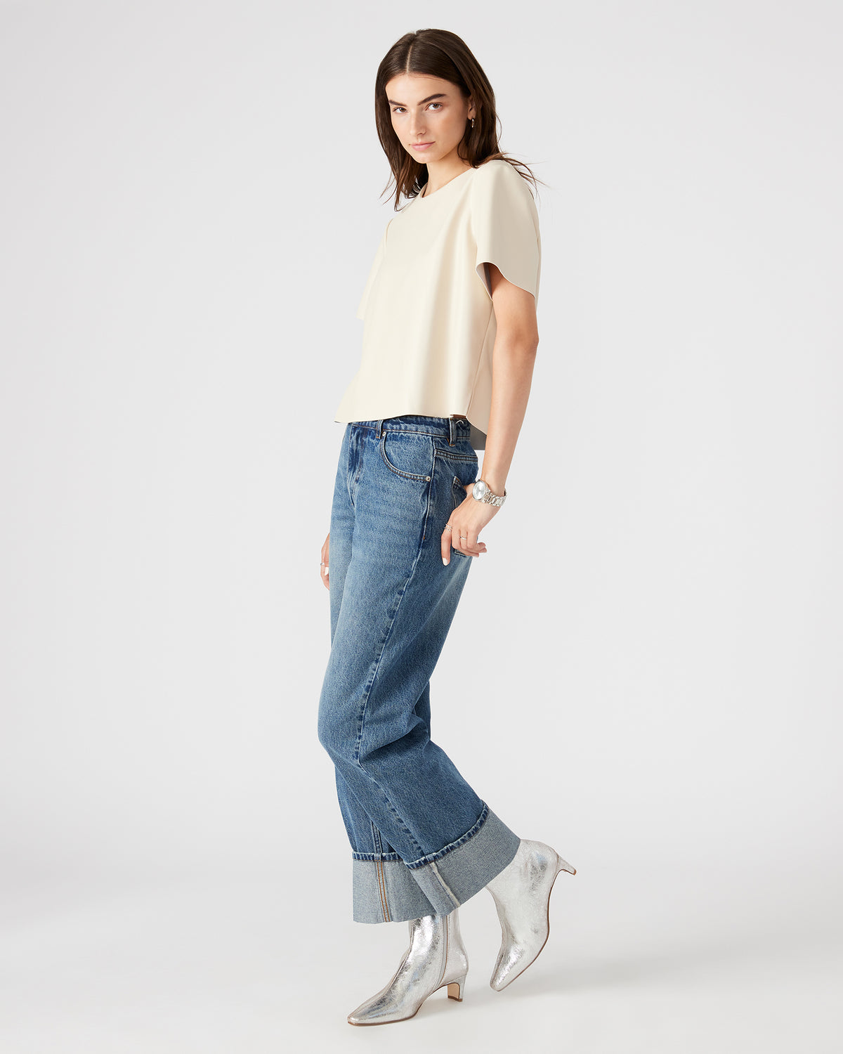 EZRA Bone Women's Short Sleeve Faux Leather Top - Steve Madden