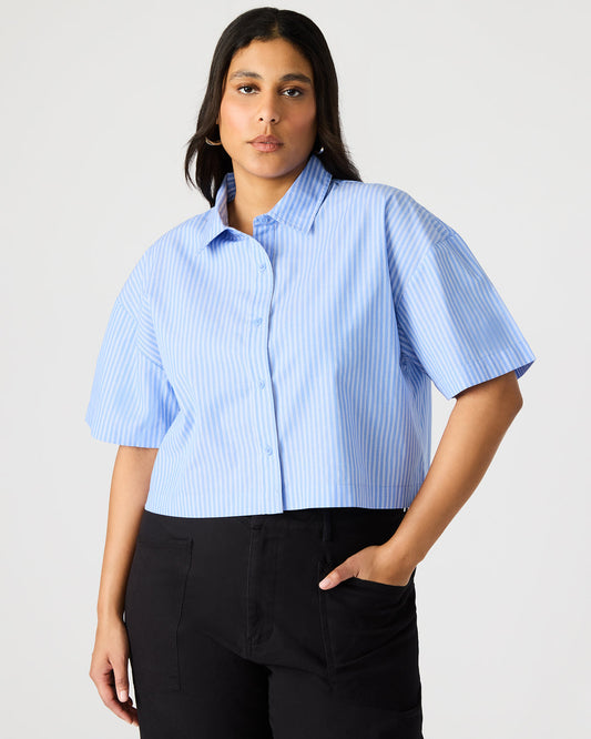 TULA Blue/White Women's Collared Button-Up Pinstripe Top - Steve Madden