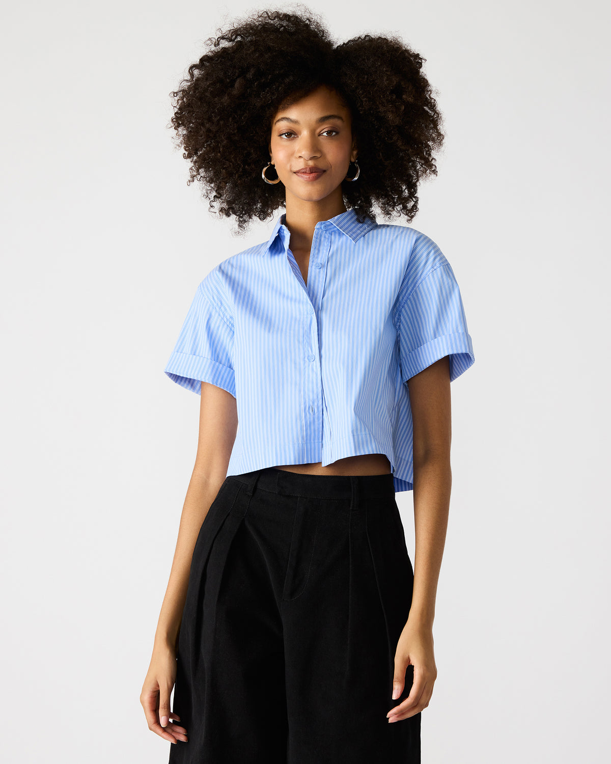 TULA Blue/White Women's Collared Button-Up Pinstripe Top - Steve Madden