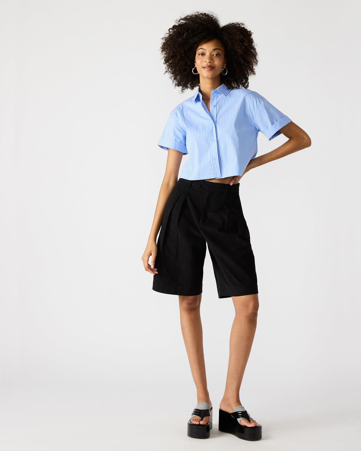 TULA Blue/White Women's Collared Button-Up Pinstripe Top - Steve Madden