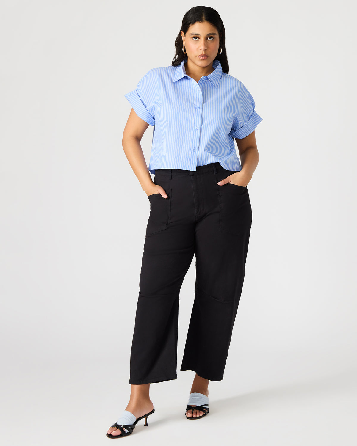 TULA Blue/White Women's Collared Button-Up Pinstripe Top - Steve Madden