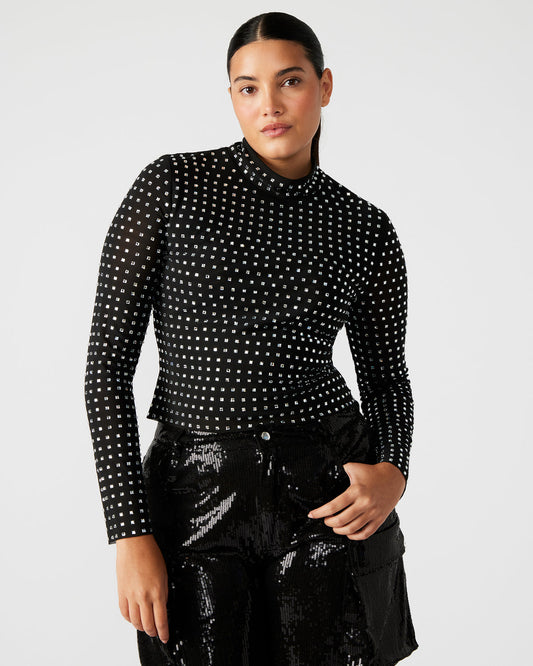 MELVINA Top Black | Women's Long-Sleeved Mesh Fabric Embellished Top - Steve Madden