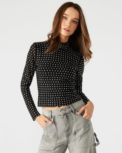 MELVINA Top Black | Women's Long-Sleeved Mesh Fabric Embellished Top - Steve Madden