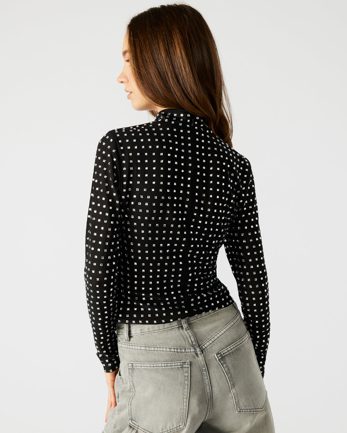 MELVINA Top Black | Women's Long-Sleeved Mesh Fabric Embellished Top - Steve Madden