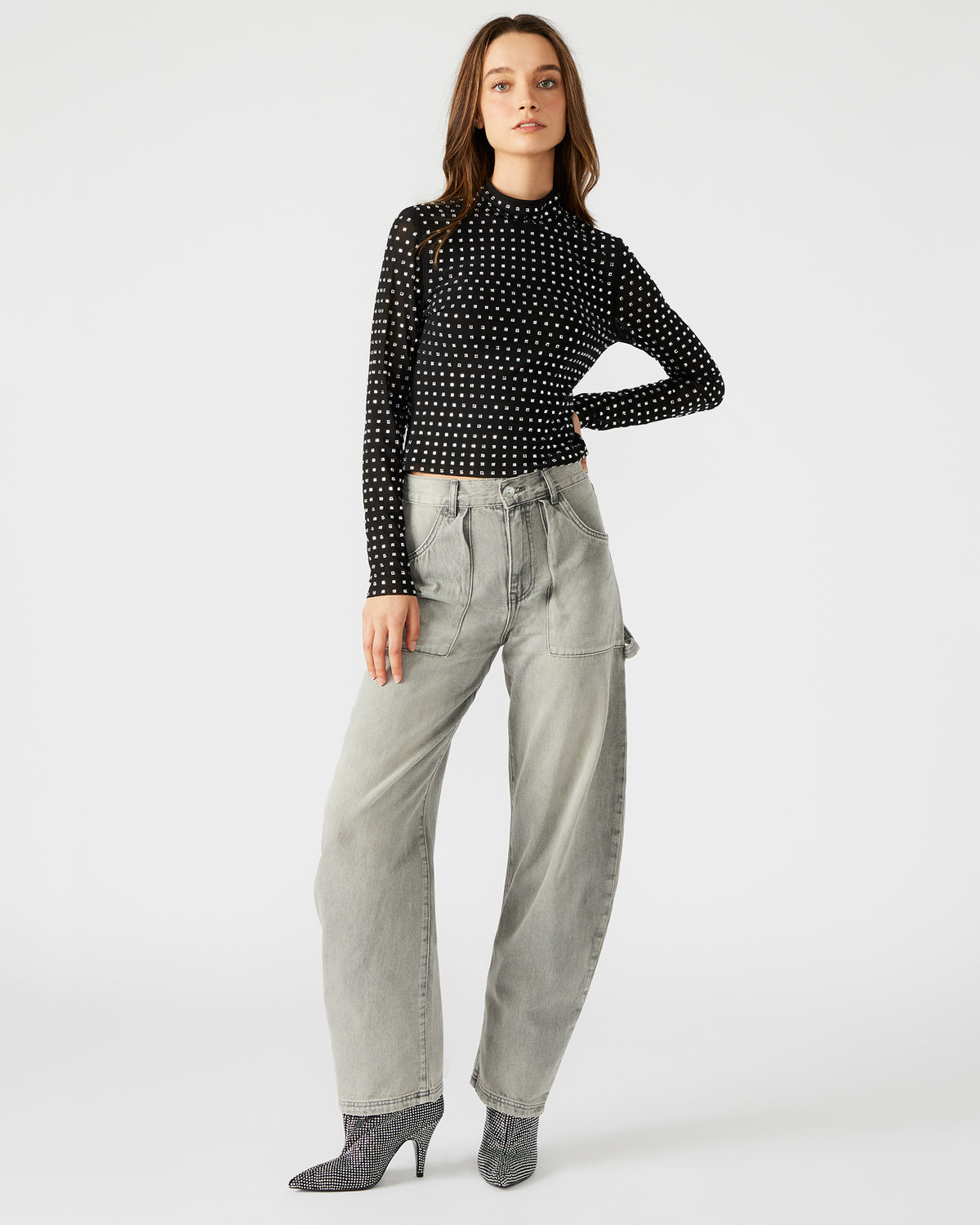 MELVINA Top Black | Women's Long-Sleeved Mesh Fabric Embellished Top - Steve Madden