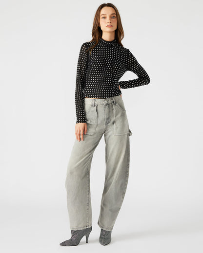 MELVINA Top Black | Women's Long-Sleeved Mesh Fabric Embellished Top - Steve Madden