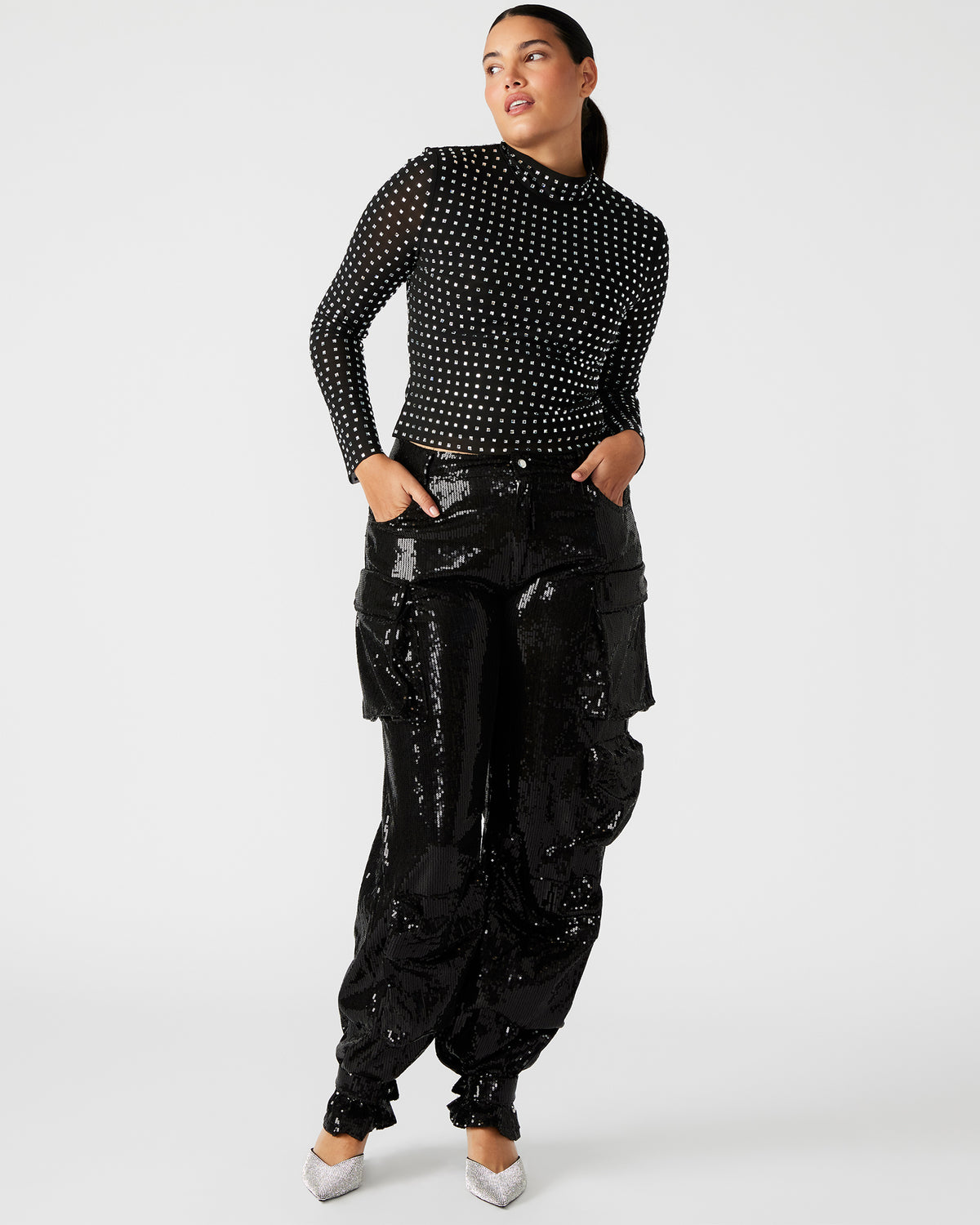 MELVINA Top Black | Women's Long-Sleeved Mesh Fabric Embellished Top - Steve Madden