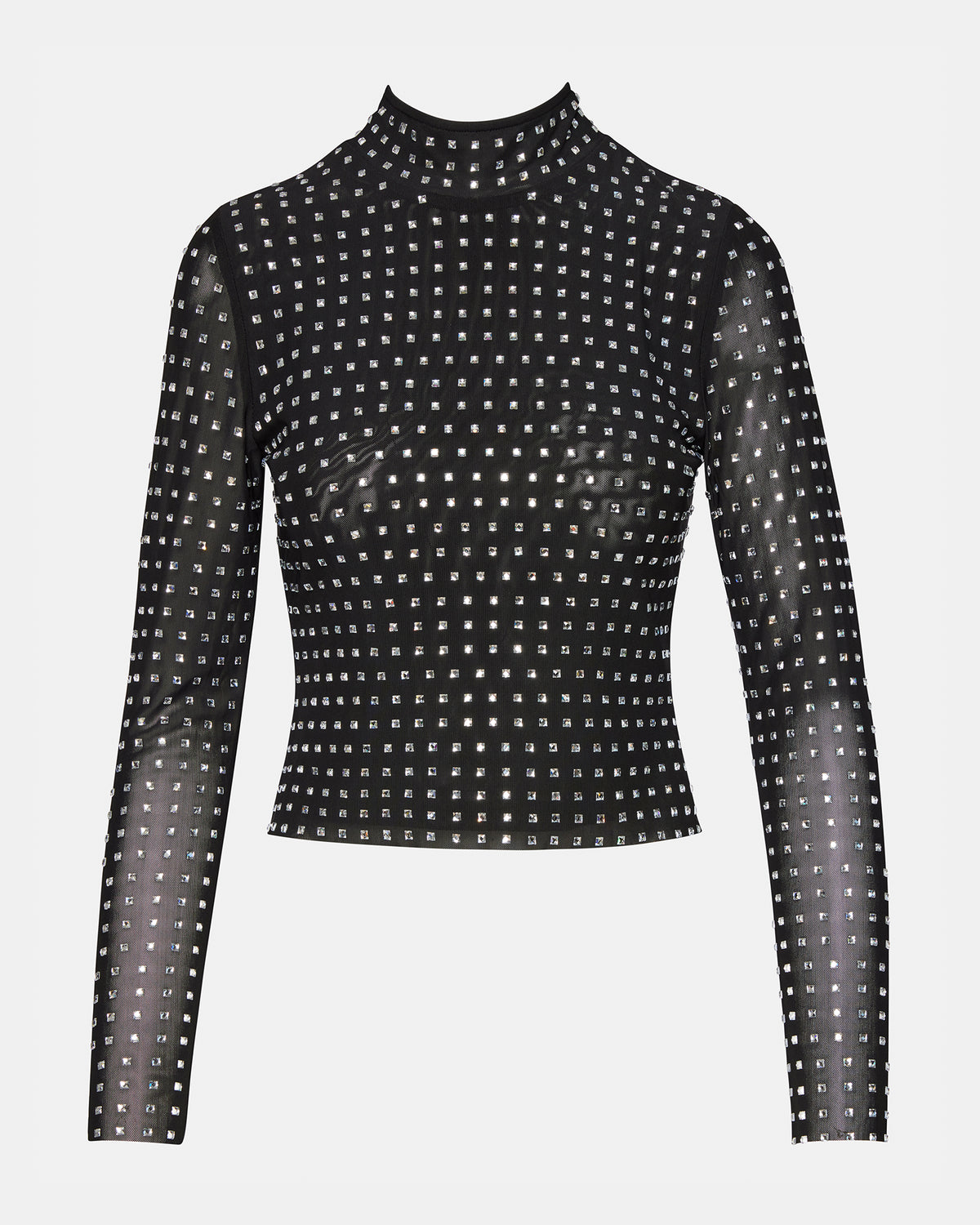 MELVINA Top Black | Women's Long-Sleeved Mesh Fabric Embellished Top - Steve Madden