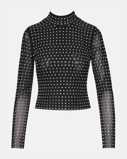MELVINA Top Black | Women's Long-Sleeved Mesh Fabric Embellished Top - Steve Madden