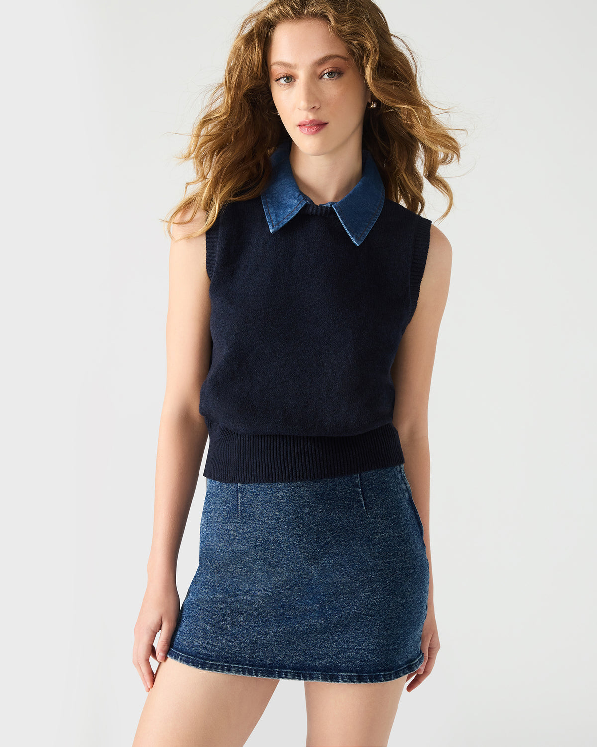 JEANE Sweater Vest Knit Collared Sleeveless Women's Top - Steve Madden