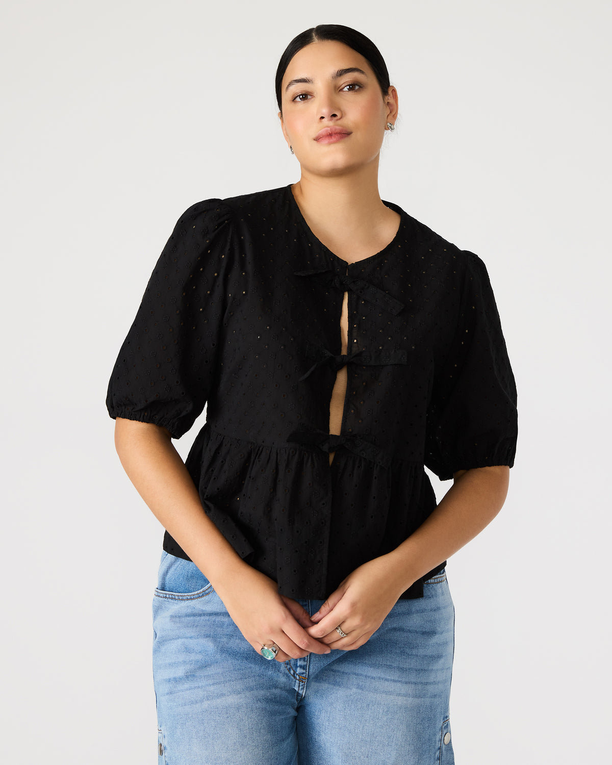 PAULA Top Black Short-Sleeved Tie-Front Eyelet Top - Steve Madden