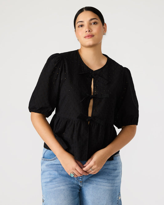 PAULA Top Black Short-Sleeved Tie-Front Eyelet Top - Steve Madden