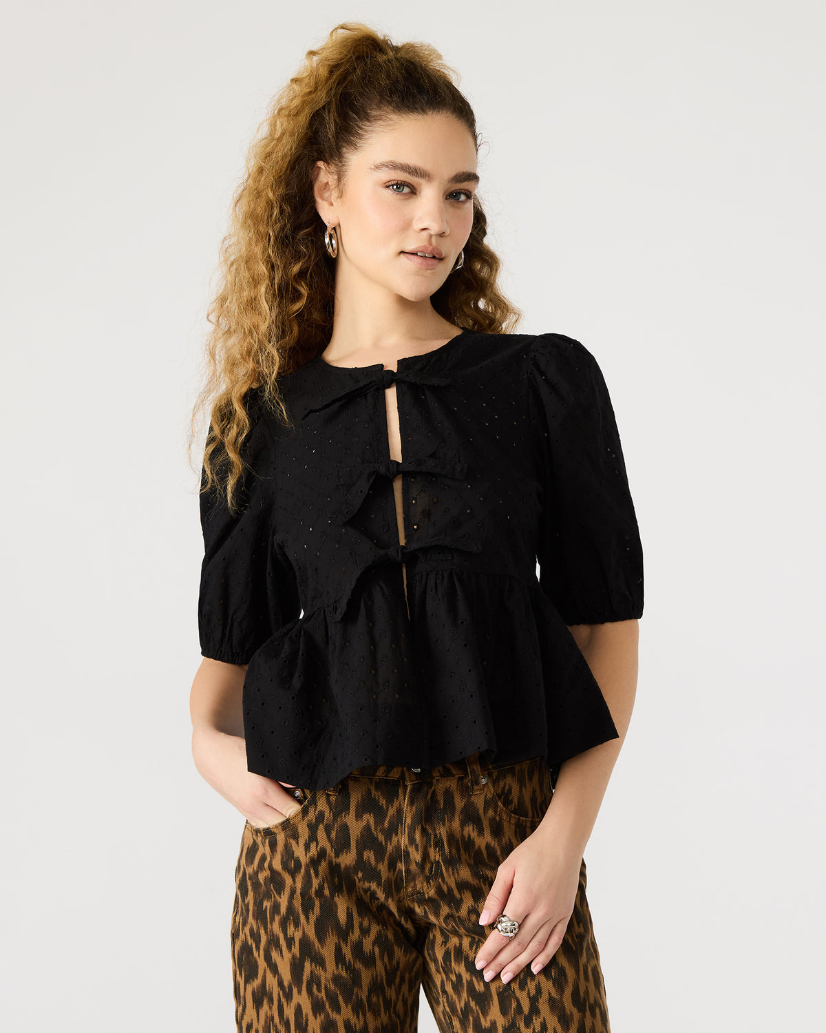 PAULA Top Black Short-Sleeved Tie-Front Eyelet Top - Steve Madden