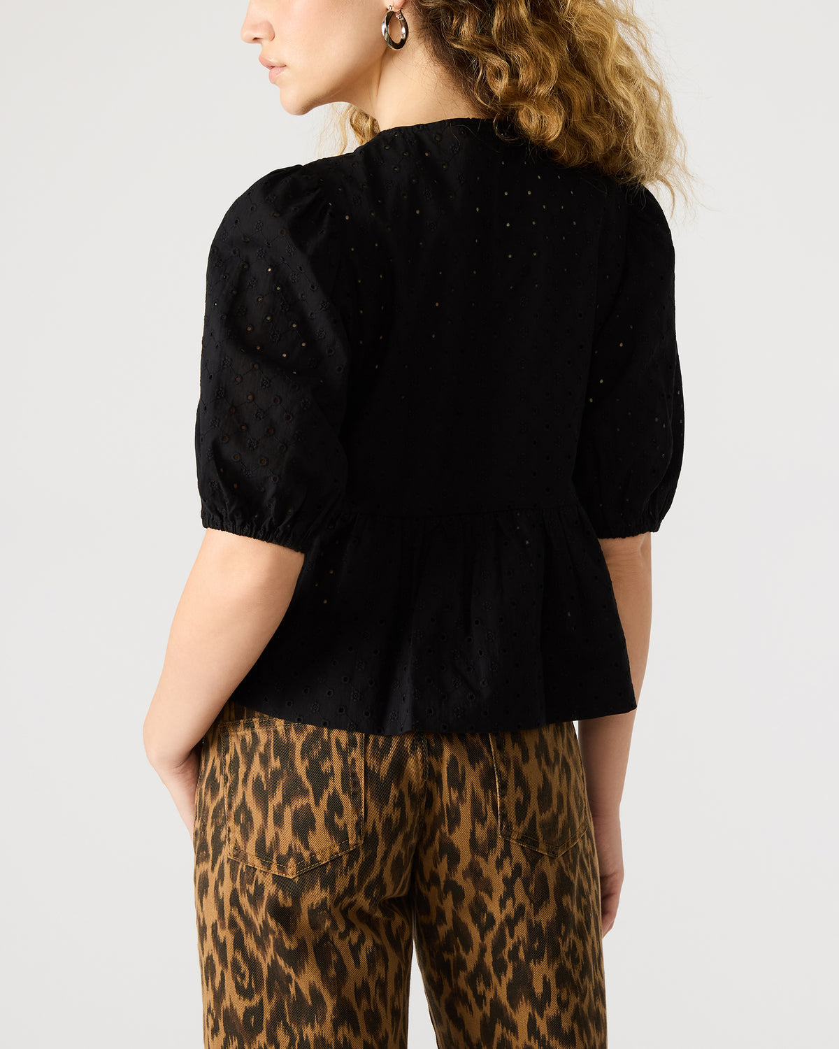 PAULA Top Black Short-Sleeved Tie-Front Eyelet Top - Steve Madden