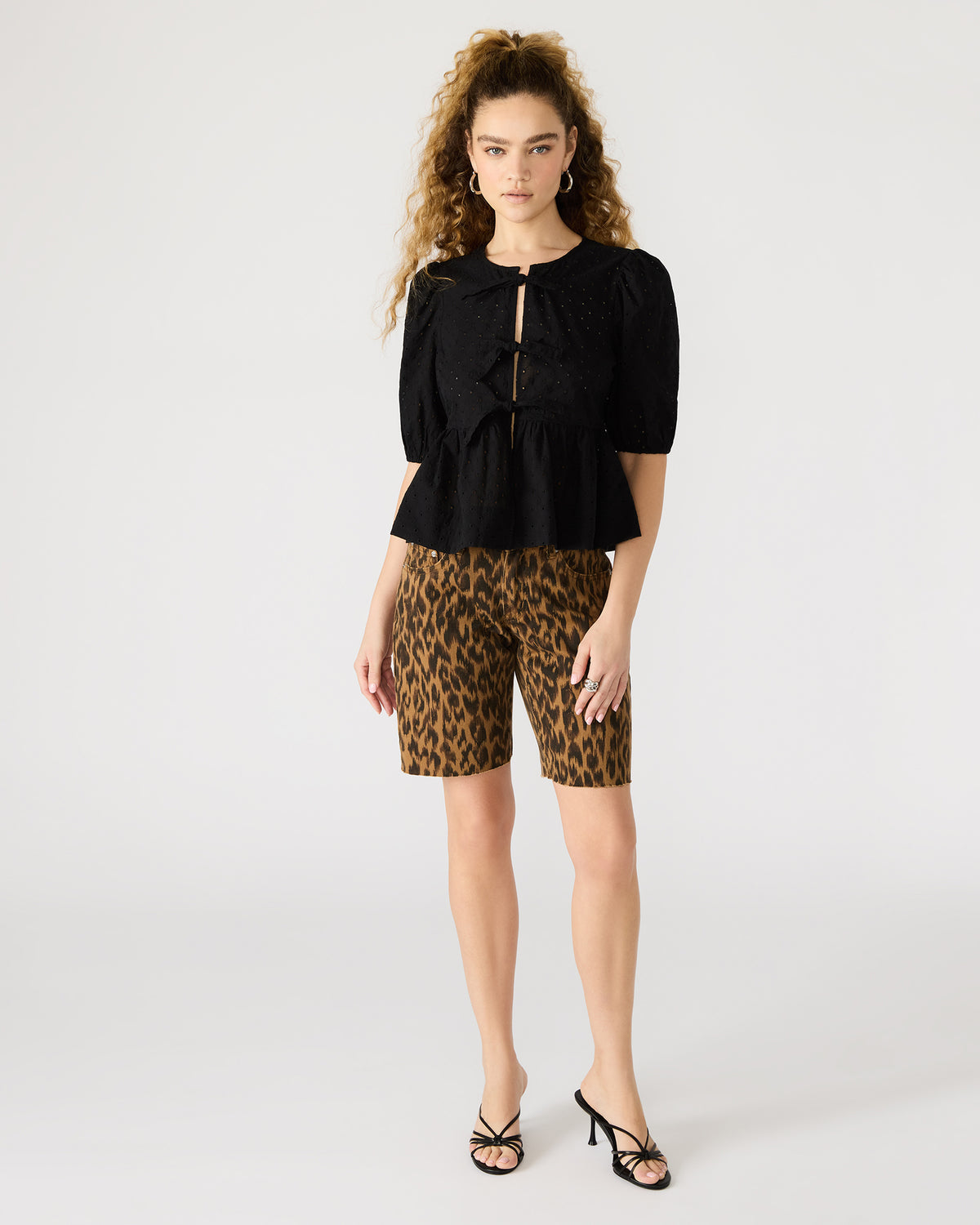 PAULA Top Black Short-Sleeved Tie-Front Eyelet Top - Steve Madden