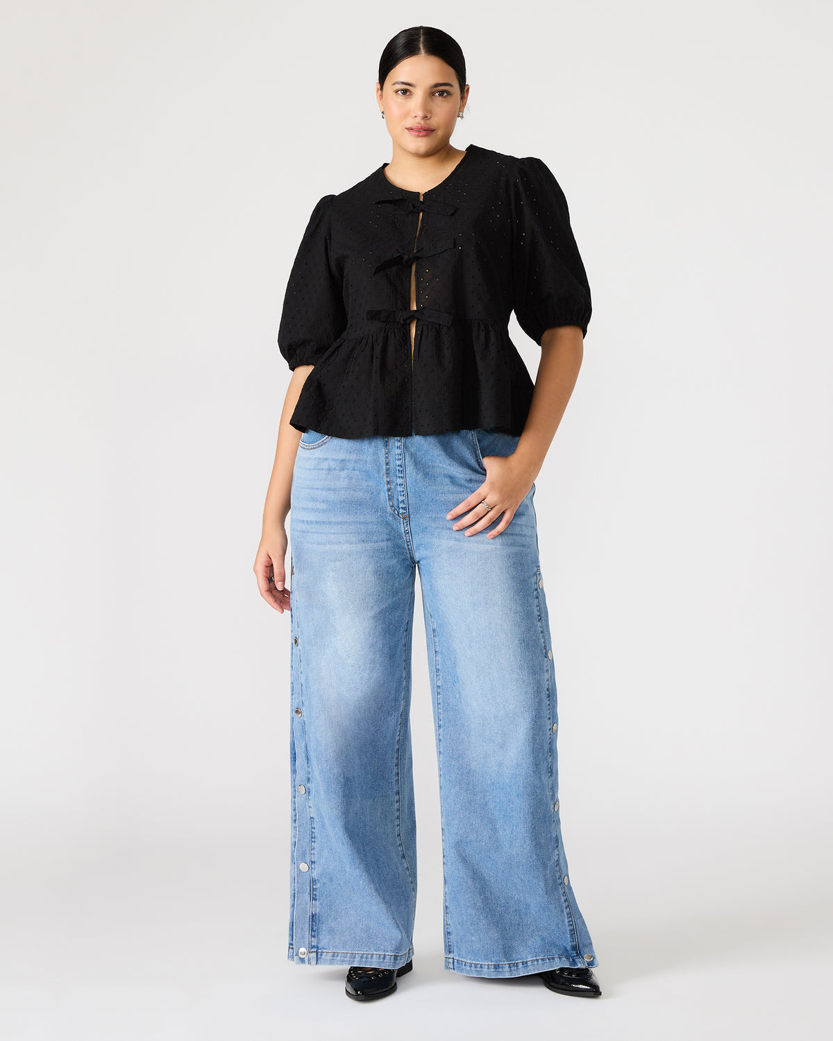 PAULA Top Black Short-Sleeved Tie-Front Eyelet Top - Steve Madden