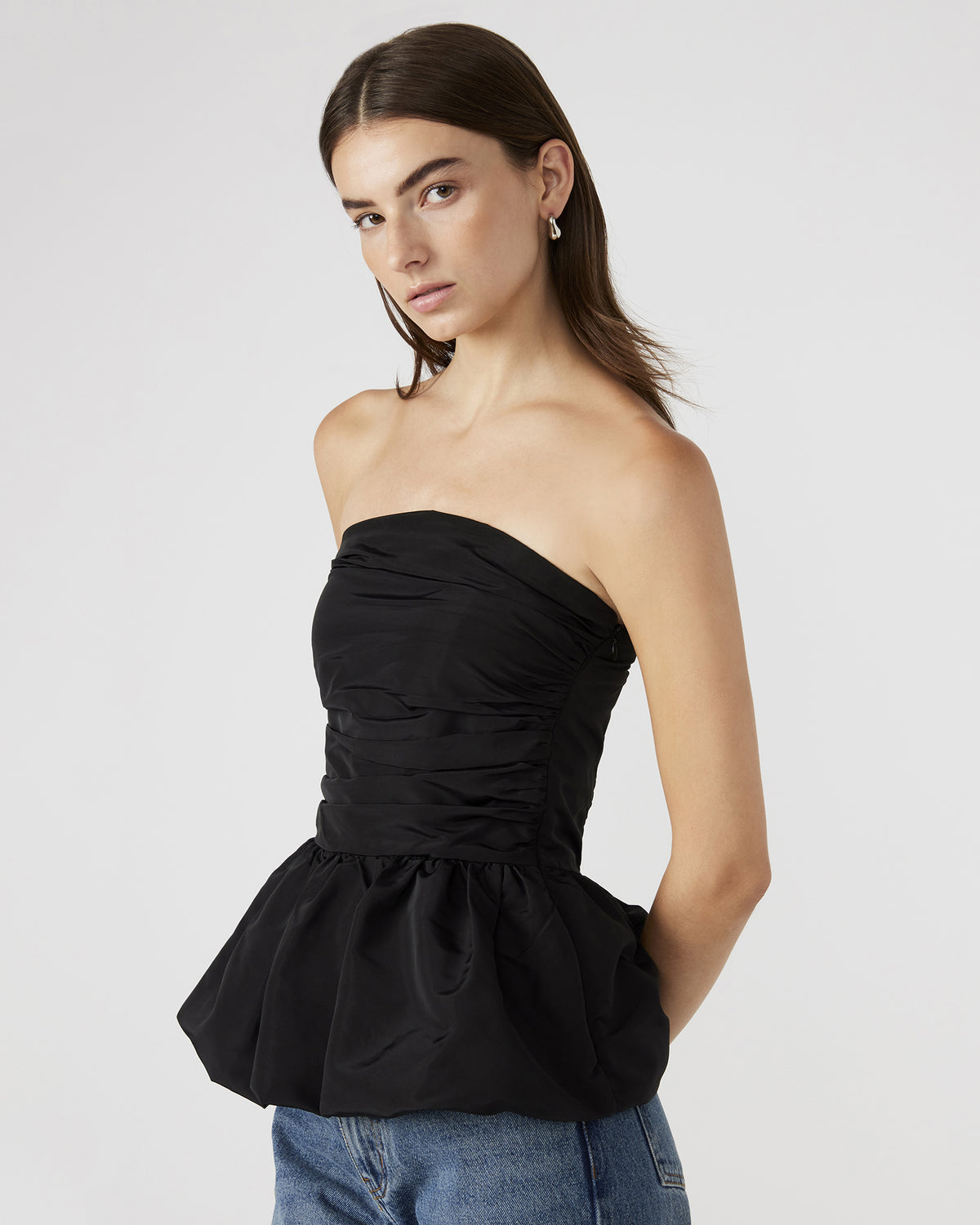 AMARI Top Black | Women's Bubble-Hem Taffeta Strapless Top - Steve Madden