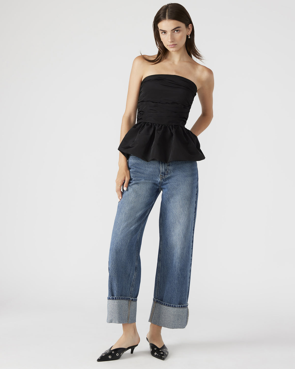 AMARI Top Black | Women's Bubble-Hem Taffeta Strapless Top - Steve Madden