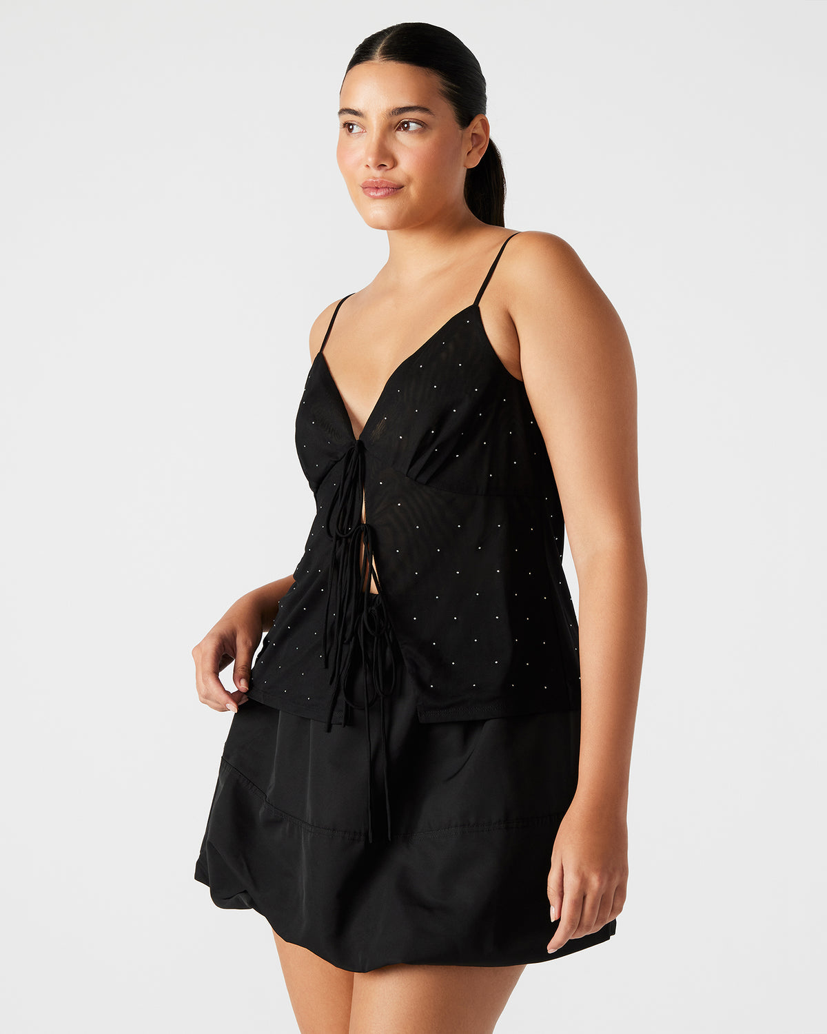 INDY Top Black | Women's Tie Fastening Rhinestone Camisole Tank Top - Steve Madden