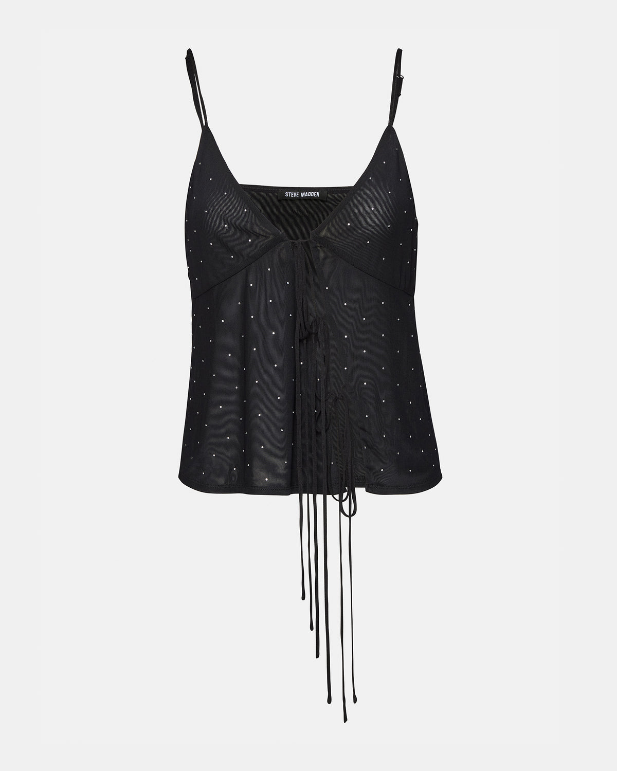 INDY Top Black | Women's Tie Fastening Rhinestone Camisole Tank Top - Steve Madden