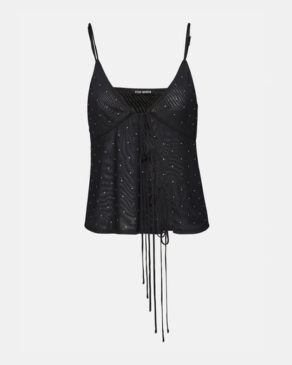 INDY Top Black | Women's Tie Fastening Rhinestone Camisole Tank Top - Steve Madden
