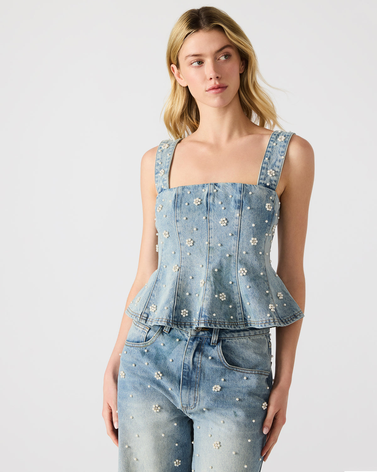 PENELOPI Denim Ruffle Fabric Pearl Embellished Women's Tank Top - Steve Madden