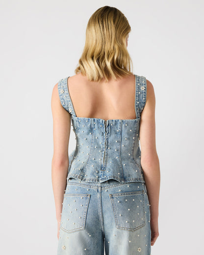 PENELOPI Denim Ruffle Fabric Pearl Embellished Women's Tank Top - Steve Madden