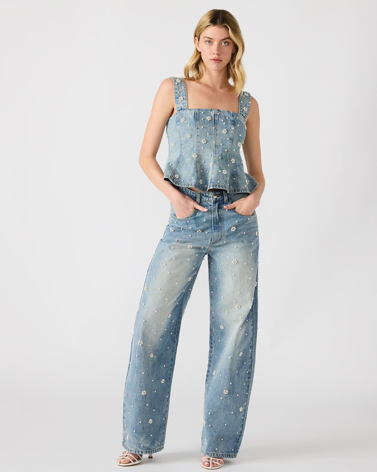 PENELOPI Denim Ruffle Fabric Pearl Embellished Women's Tank Top - Steve Madden
