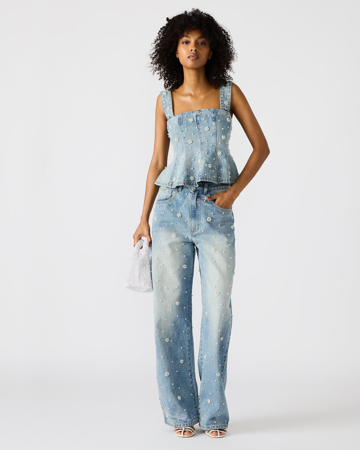 PENELOPI Denim Ruffle Fabric Pearl Embellished Women's Tank Top - Steve Madden