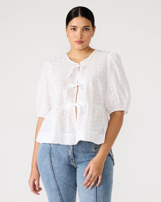 PAULA Top White Short-Sleeved Tie-Front Eyelet Top - Steve Madden