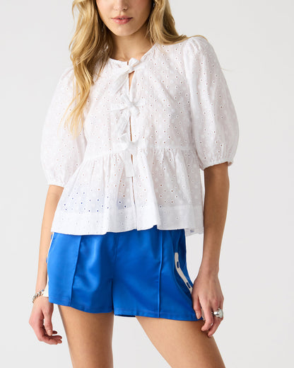 PAULA Top White Short-Sleeved Tie-Front Eyelet Top - Steve Madden