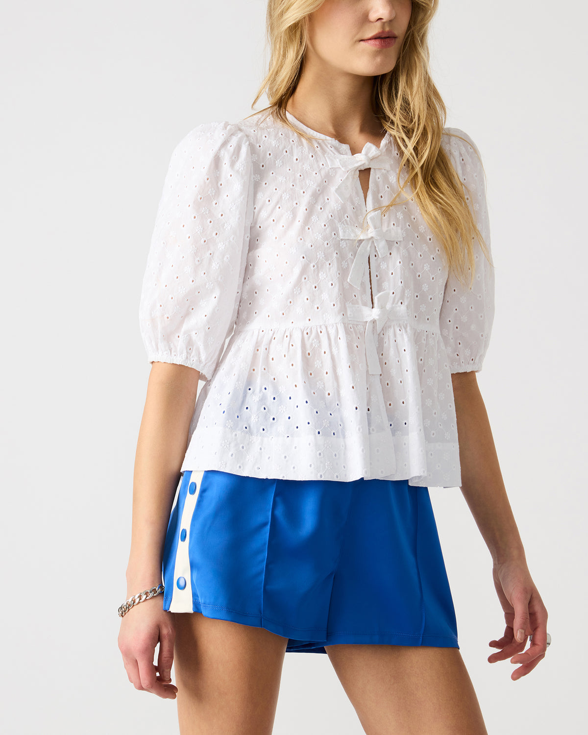 PAULA Top White Short-Sleeved Tie-Front Eyelet Top - Steve Madden
