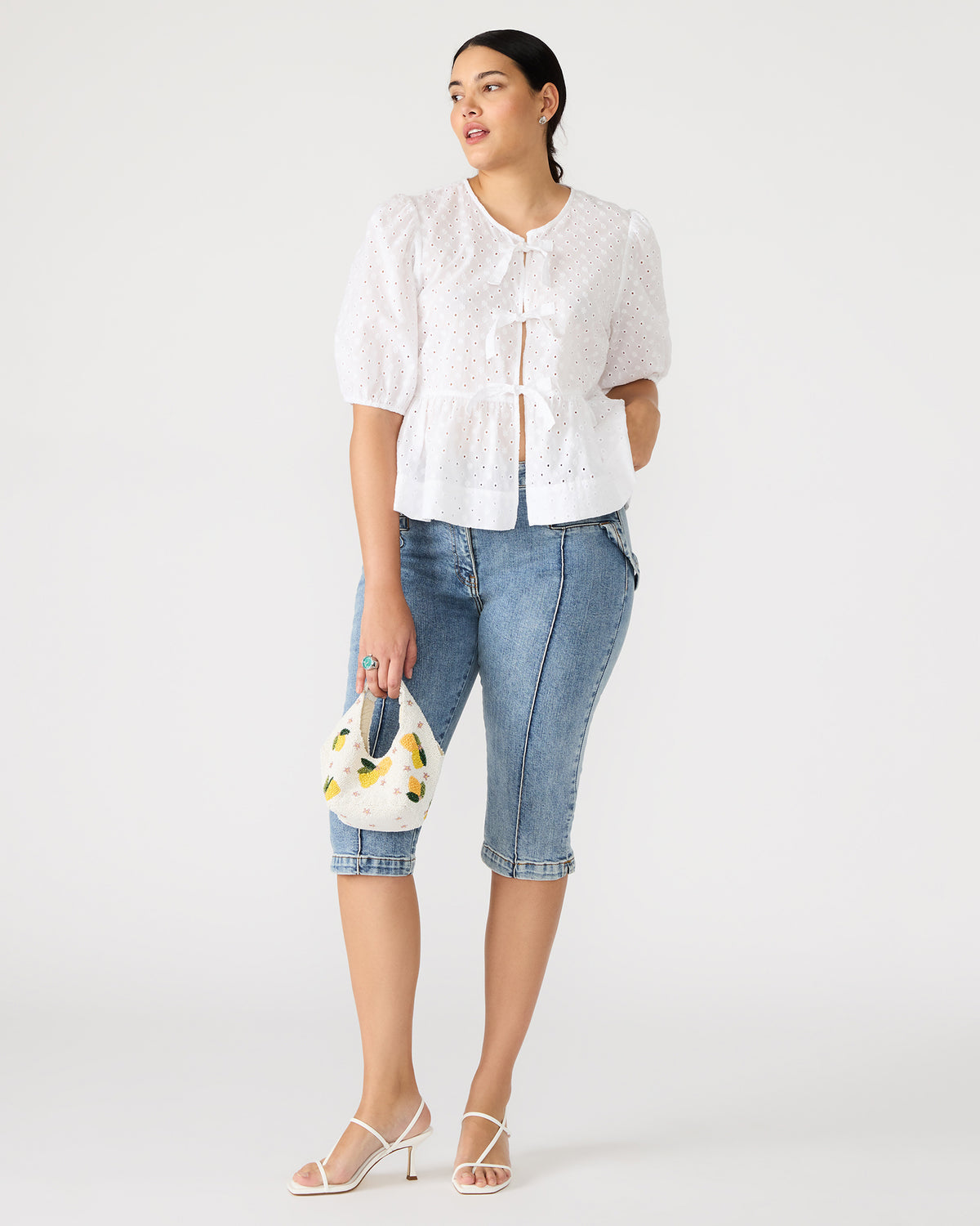 PAULA Top White Short-Sleeved Tie-Front Eyelet Top - Steve Madden
