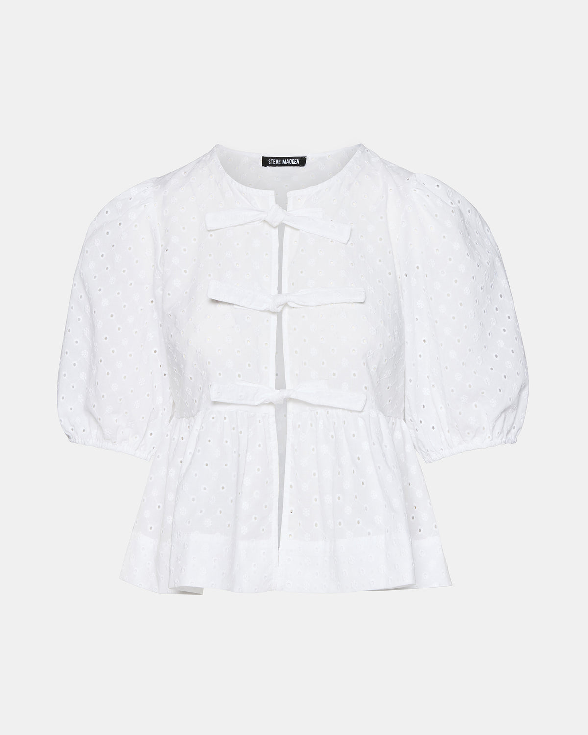 PAULA Top White Short-Sleeved Tie-Front Eyelet Top - Steve Madden